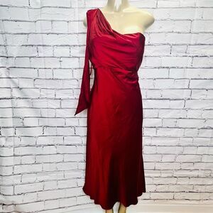 Mac Duggal Womens Deep Red Satin Bow One-Shoulder Midi Dress Size 12